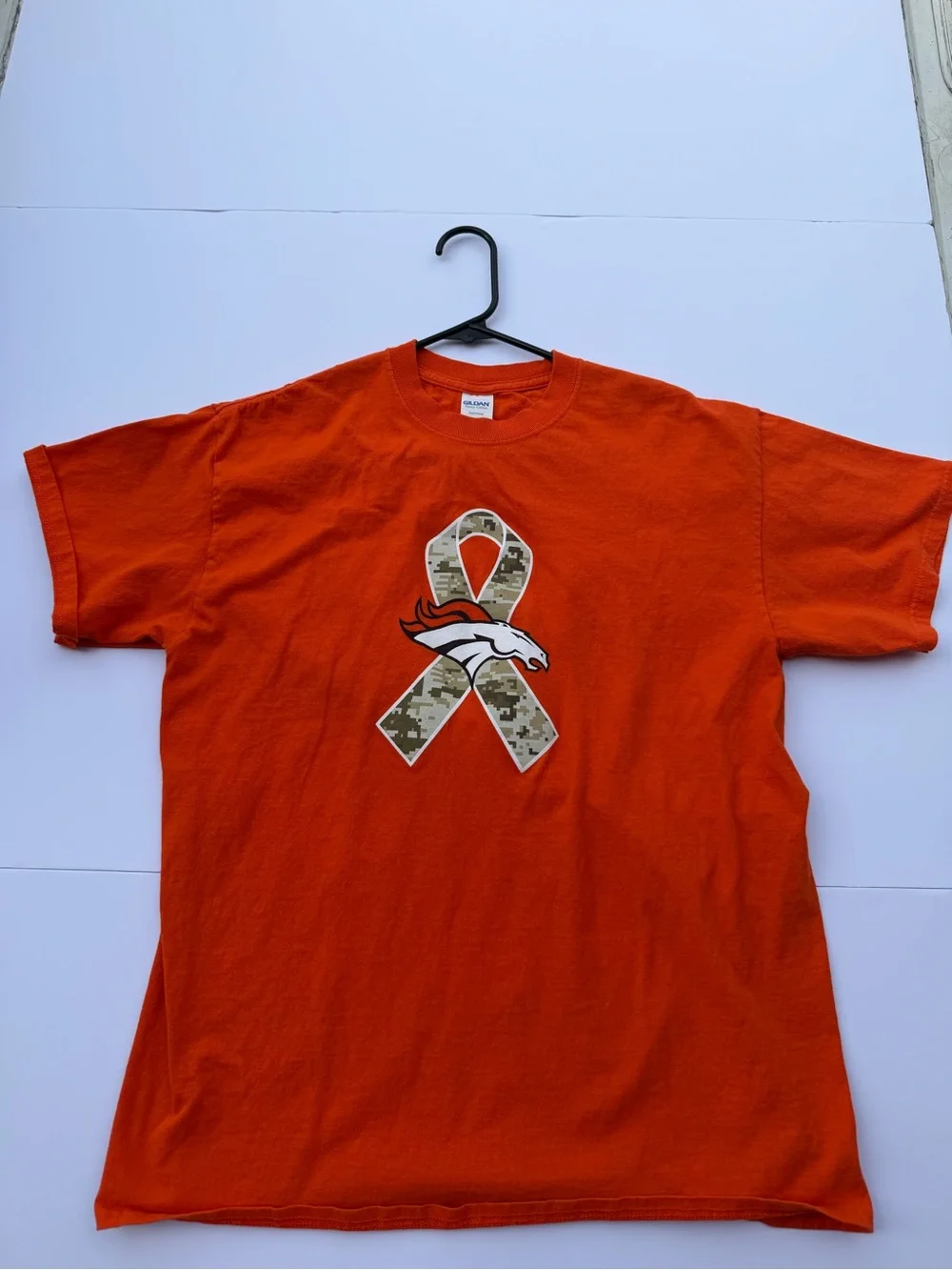 Gildan Orange Short-Sleeve Tee with Camo Ribbon and Horse Logo